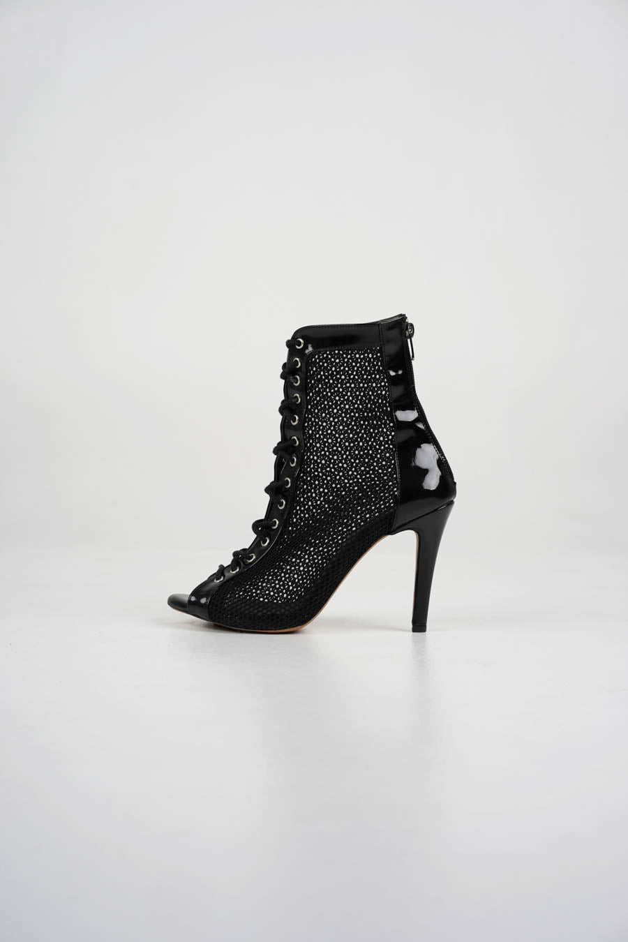 Lexy - Black patent vegan leather and mesh open toe lace up stiletto ankle boots