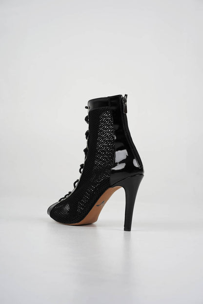 Lexy - Black patent vegan leather and mesh open toe lace up stiletto ankle boots