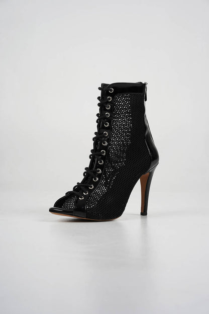 Lexy - Black patent vegan leather and mesh open toe lace up stiletto ankle boots