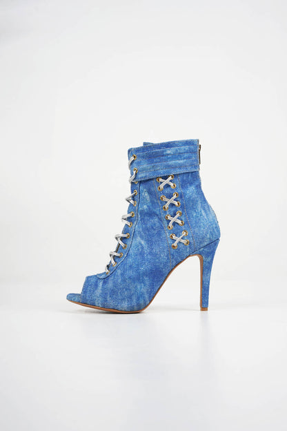 Jenny - Blue jeans fabric open toe lace up stiletto ankle boots