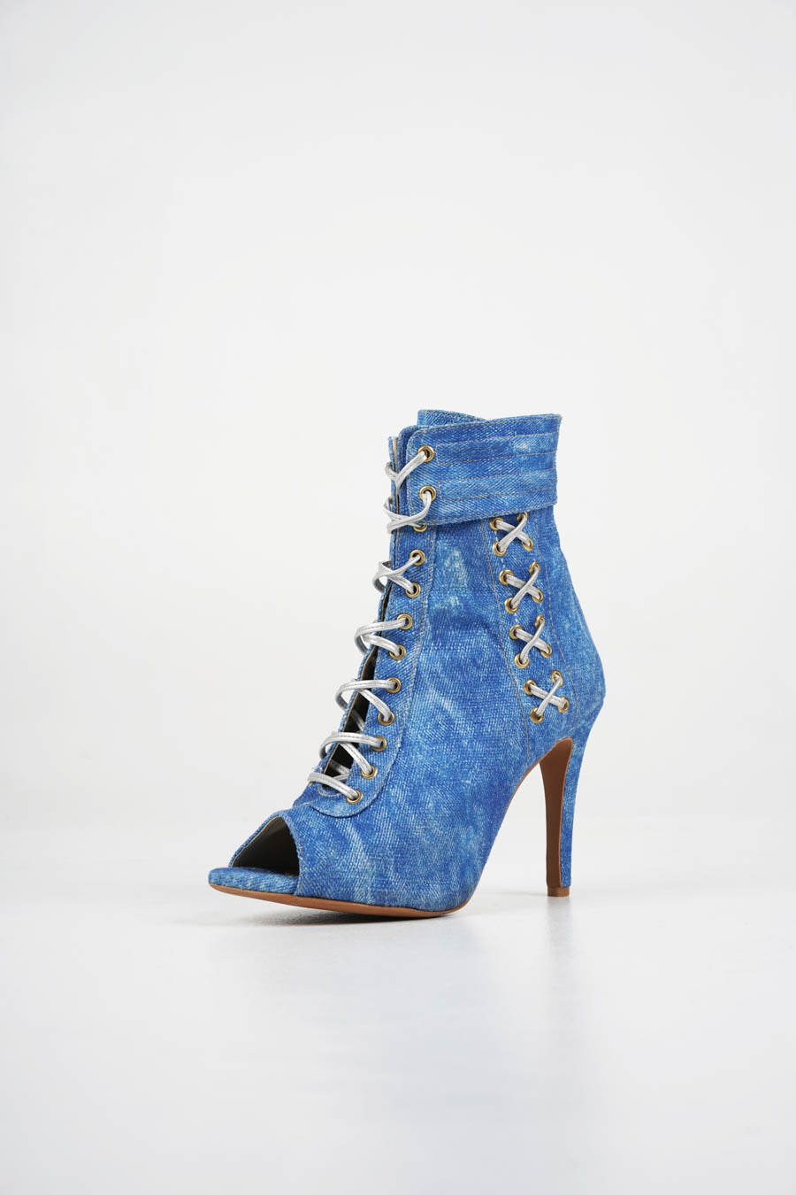 Jenny - Blue jeans fabric open toe lace up stiletto ankle boots