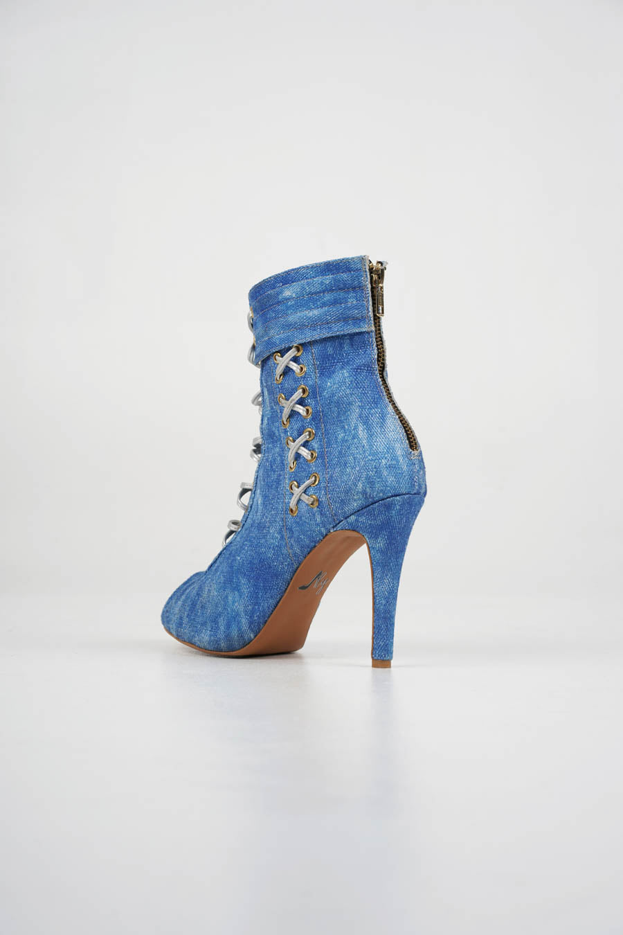 Jenny - Blue jeans fabric open toe lace up stiletto ankle boots