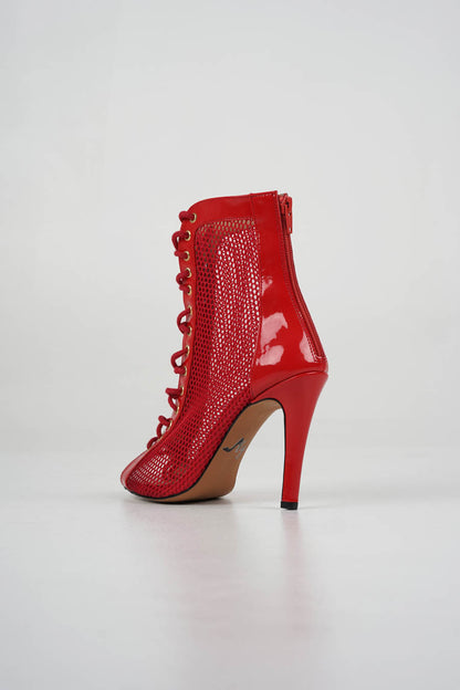 Lexy - Red patent vegan leather and mesh open toe lace up stiletto ankle boots