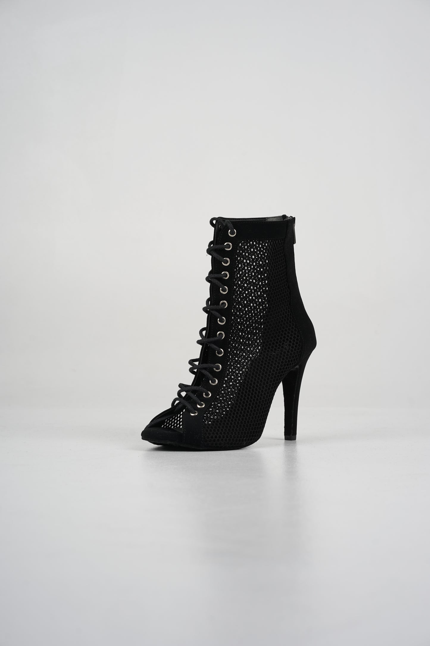 Maria - Black suede vegan leather and mesh open toe lace up stiletto ankle boots