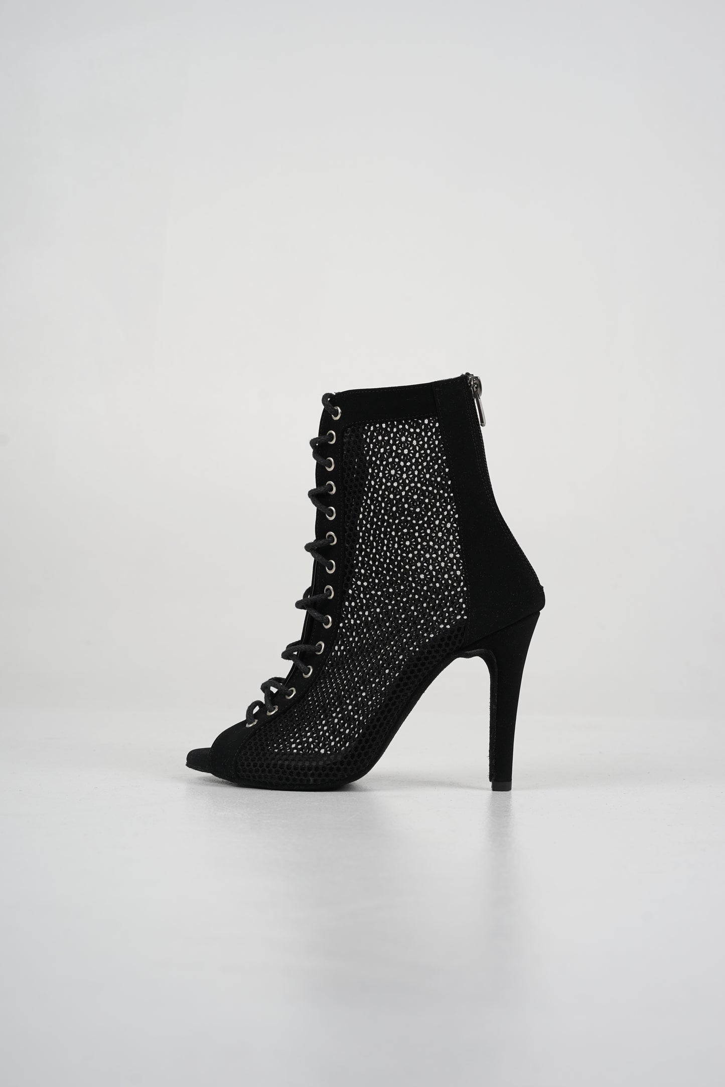 Maria - Black suede vegan leather and mesh open toe lace up stiletto ankle boots