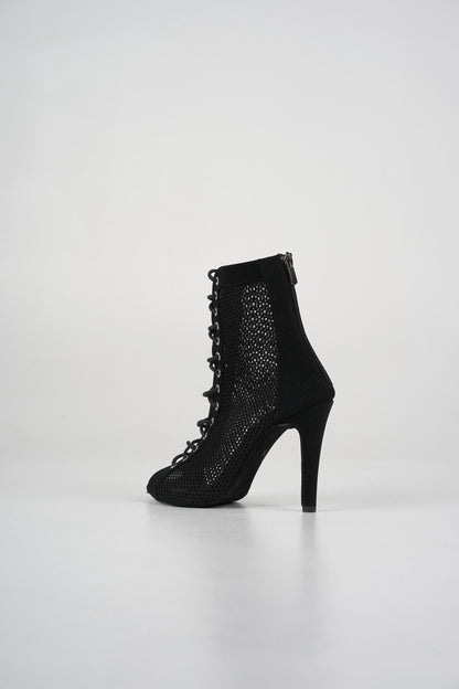 Maria - Black suede vegan leather and mesh open toe lace up stiletto ankle boots