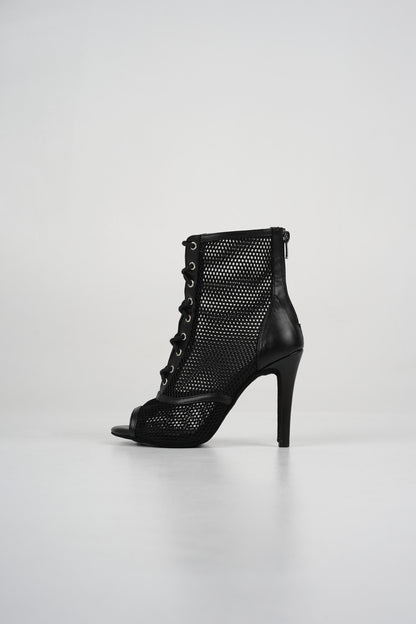 Sofia - Black vegan leather and mesh open toe lace up stiletto ankle boots