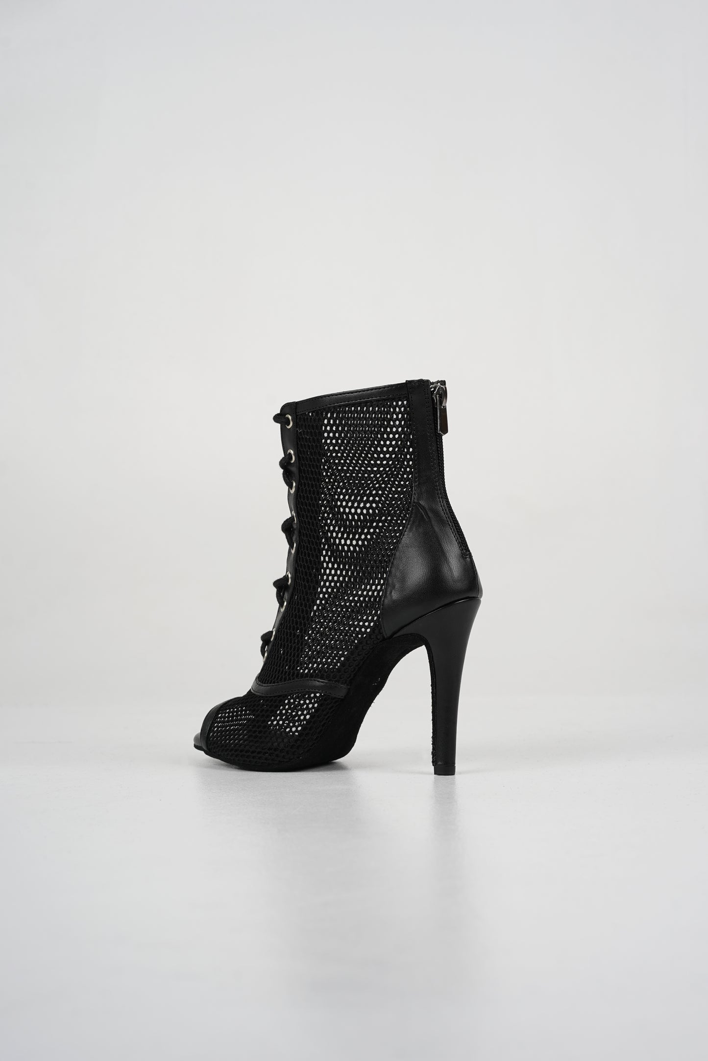 Sofia - Black vegan leather and mesh open toe lace up stiletto ankle boots