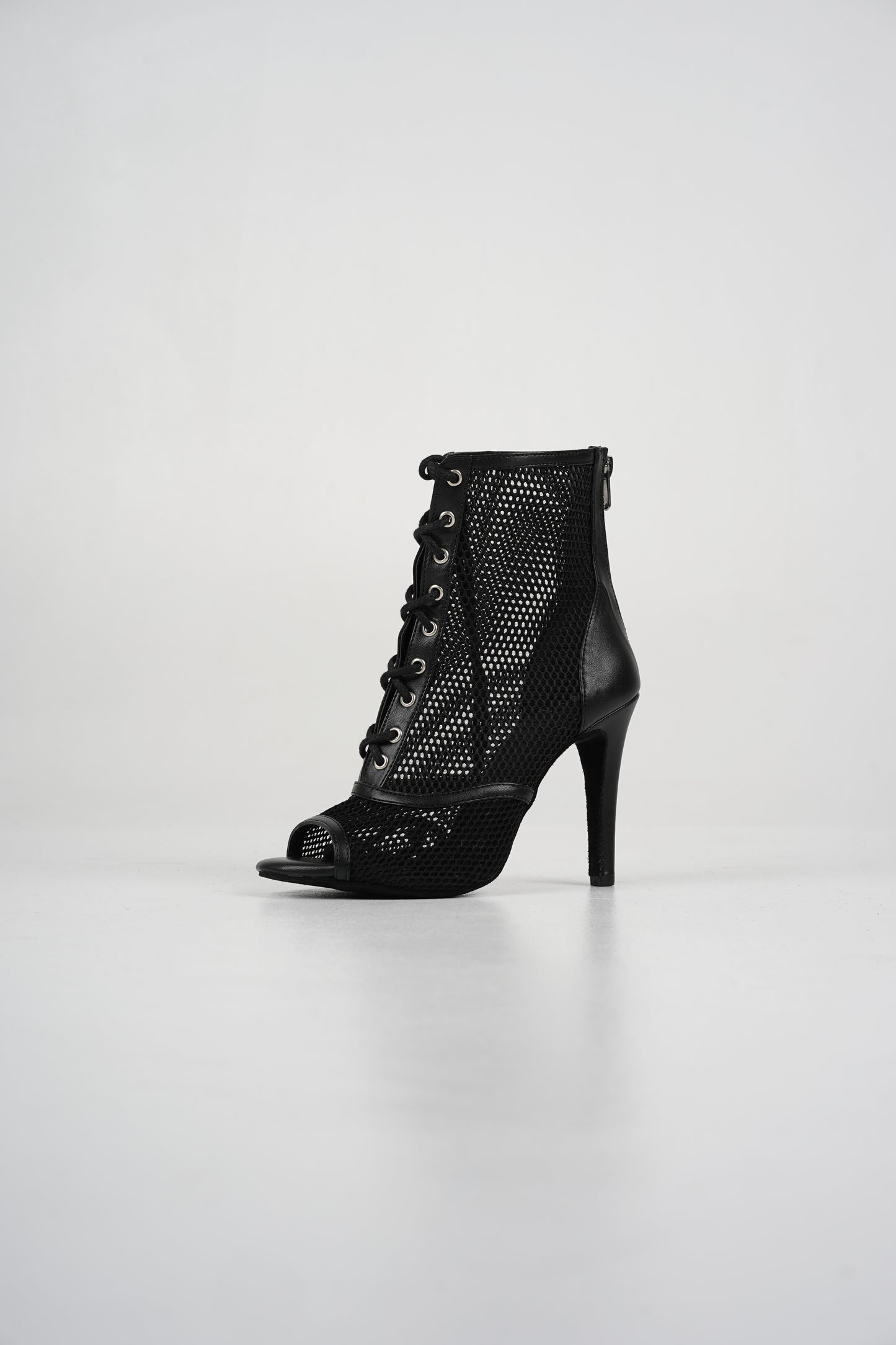 Sofia - Black vegan leather and mesh open toe lace up stiletto ankle boots