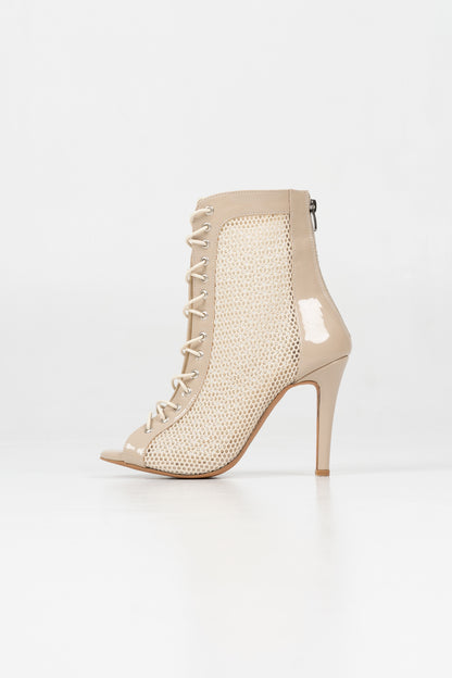 Lexy - Beige patent vegan leather and mesh open toe lace up stiletto ankle boots