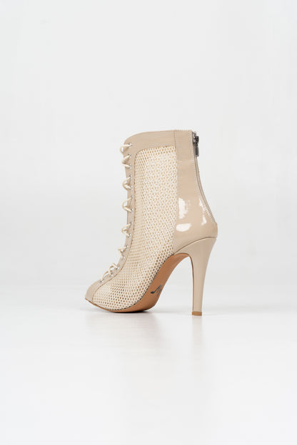 Lexy - Beige patent vegan leather and mesh open toe lace up stiletto ankle boots