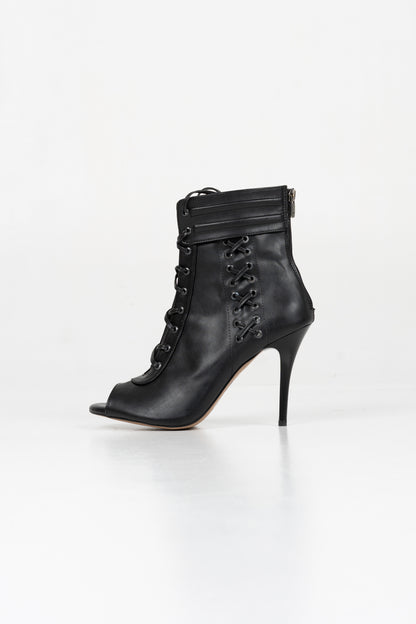 Tina - Black vegan leather open toe lace up stiletto ankle boot