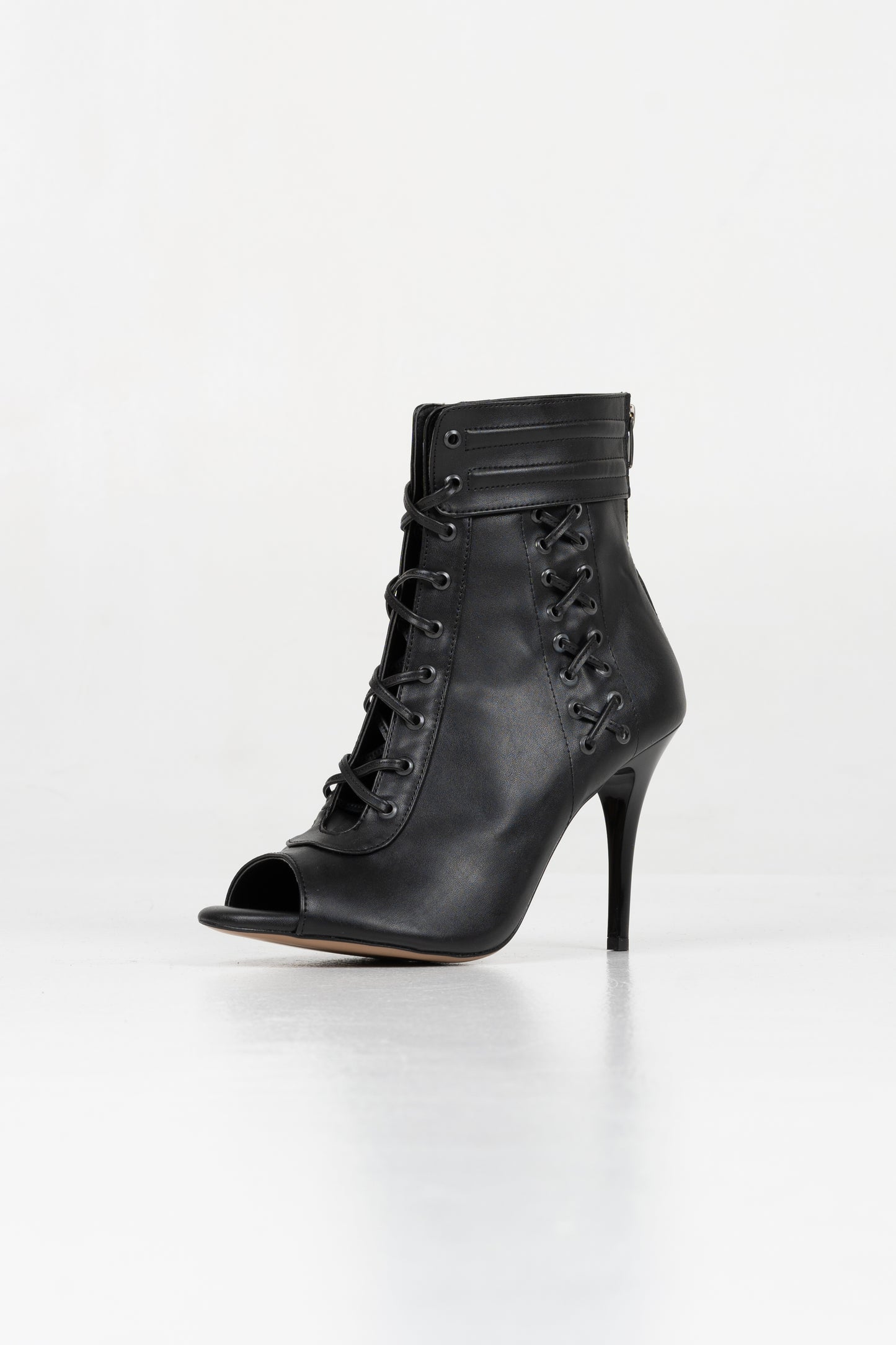 Tina - Black vegan leather open toe lace up stiletto ankle boot