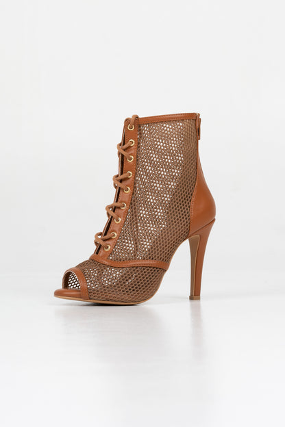 Sofia - Chocolate brown vegan leather and mesh open toe lace up stiletto ankle boots