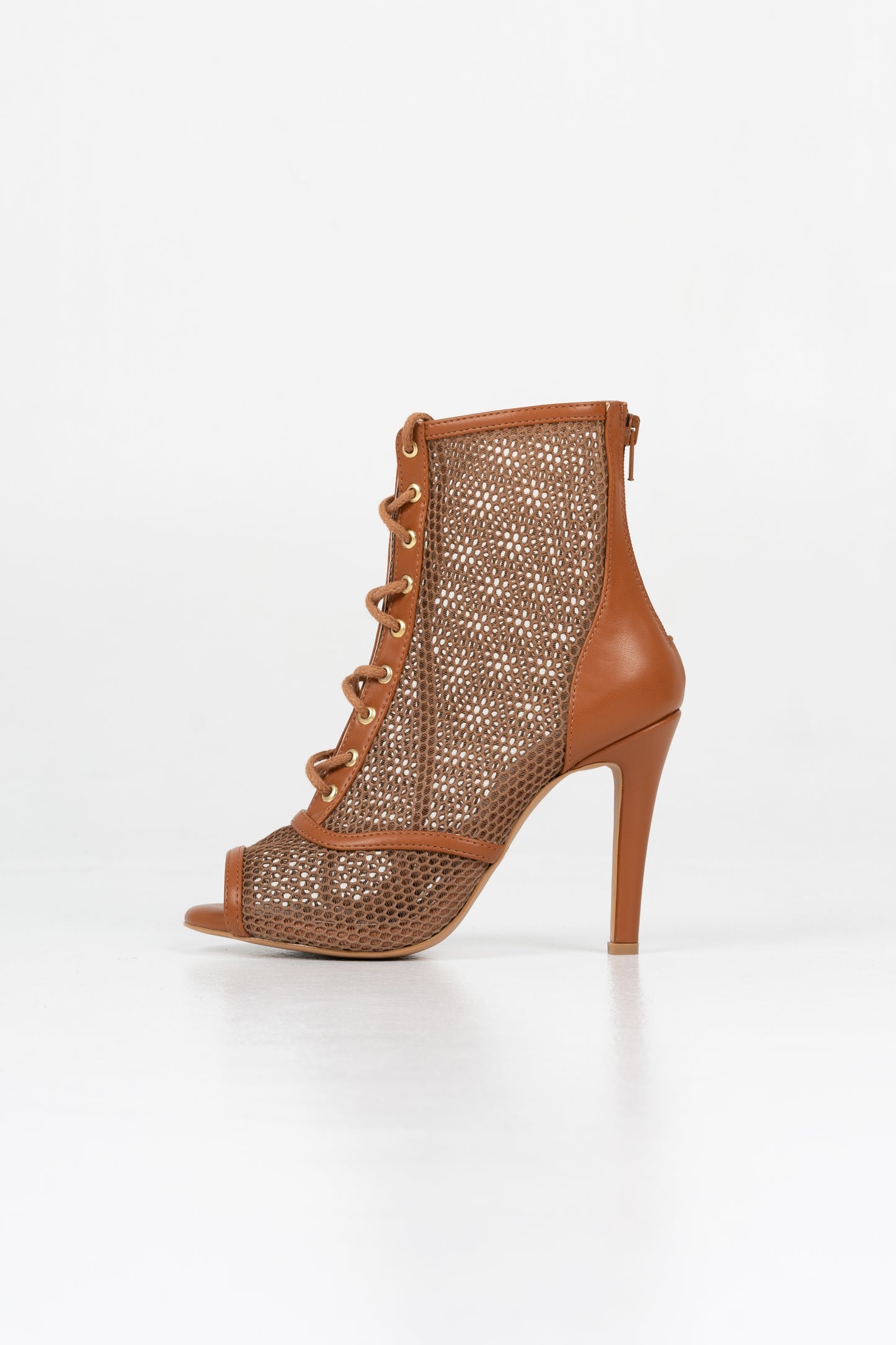 Sofia - Chocolate brown vegan leather and mesh open toe lace up stiletto ankle boots