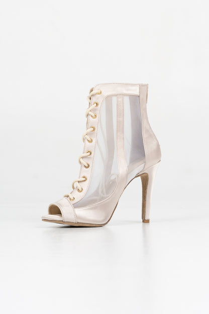 Alice - Ivory satin open toe lace up stiletto ankle boots