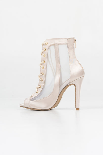 Alice - Ivory satin open toe lace up stiletto ankle boots