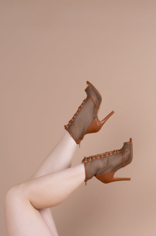 Sofia - Chocolate brown vegan leather and mesh open toe lace up stiletto ankle boots