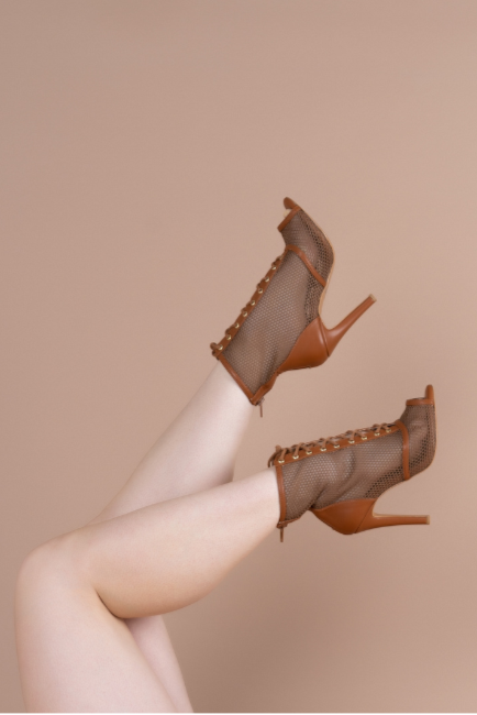 Sofia - Chocolate brown vegan leather and mesh open toe lace up stiletto ankle boots